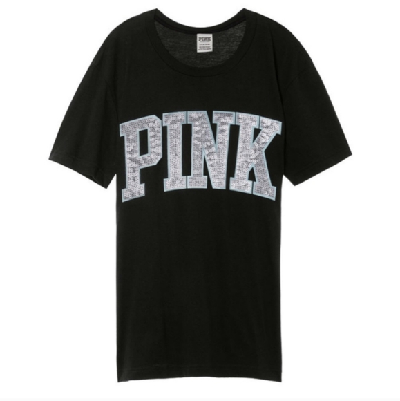 PINK VS Sequin Bling 💎 Logo Tee Shirt Black & Silver - Picture 6 of 6